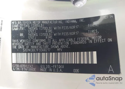 2015 Toyota Sienna Xle 8 Passenger from USA, damaged, VIN 5TDYK3DC1FS568217